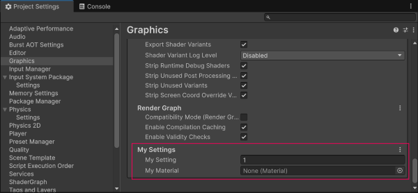 Screenshot of the Project Settings window. The Graphics section contains the new custom settings from the example script.