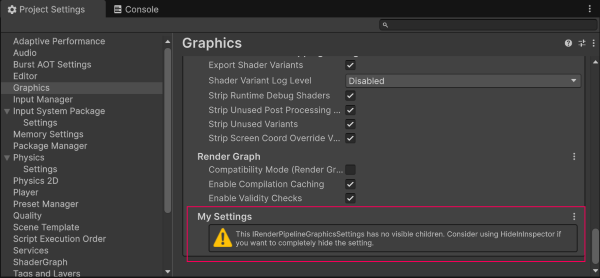 Screenshot of the Project Settings window. The Graphics section contains the new custom settings group from the example script.