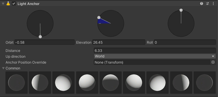 Light Anchor component screenshot. Orbit and Elevation properties display example values that change the orientation of a light.